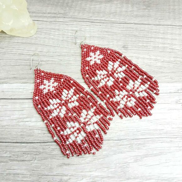 Large Holiday Beaded Fringe Cascade Shoulder Duster Dangle Earrings, Snowflakes - Picture 4 of 5